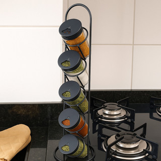 Porta Temperos Condimentos com 5 Potes de Vidro Estilo Industrial – Torre Organizadora Preta