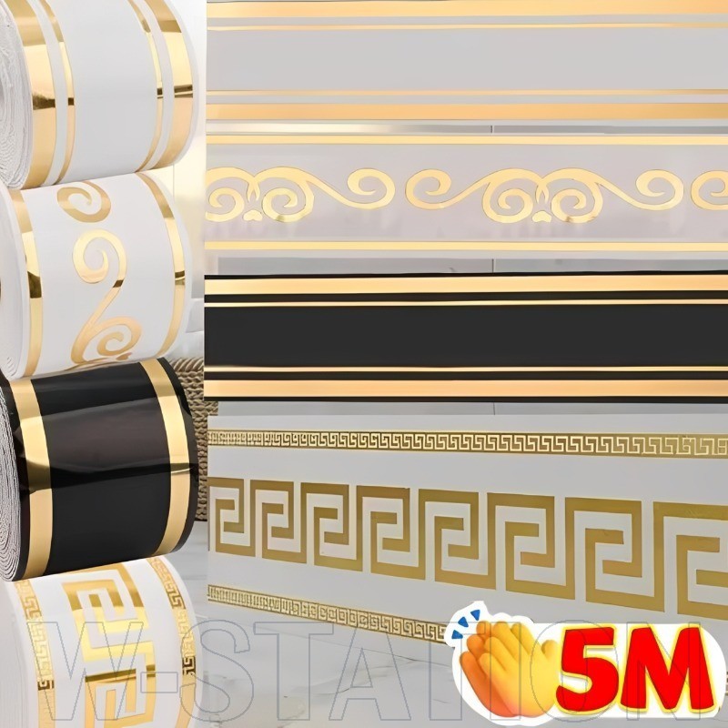 Adesivo De Rodapé Com Padrão Dourado 5M-Faixa De Acabamento De Parede Macia De PVC-Decalque De Linha-Decoração De Casa-A