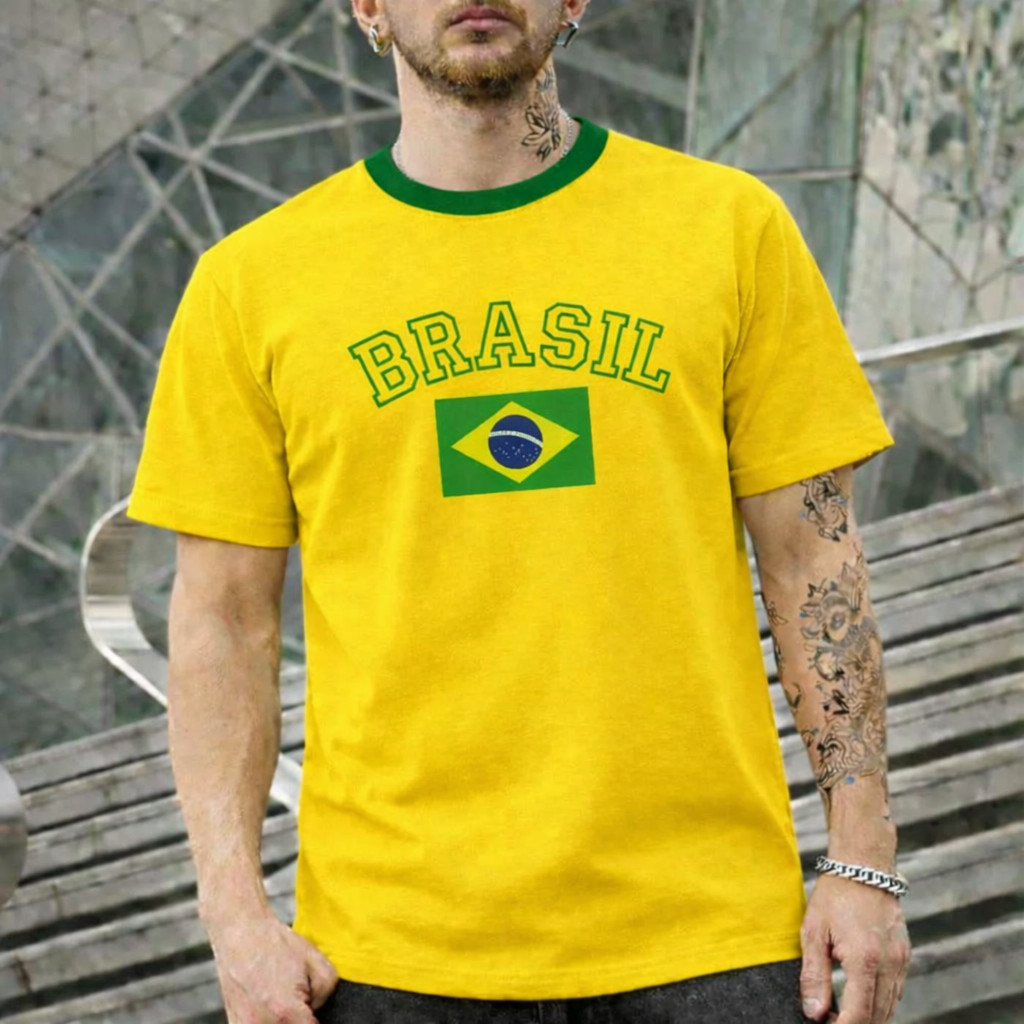 Camiseta Brasil Bandeira Masculina Algodão Estampada Copa do Mundo Seleção T-Shirt Casual Retro
