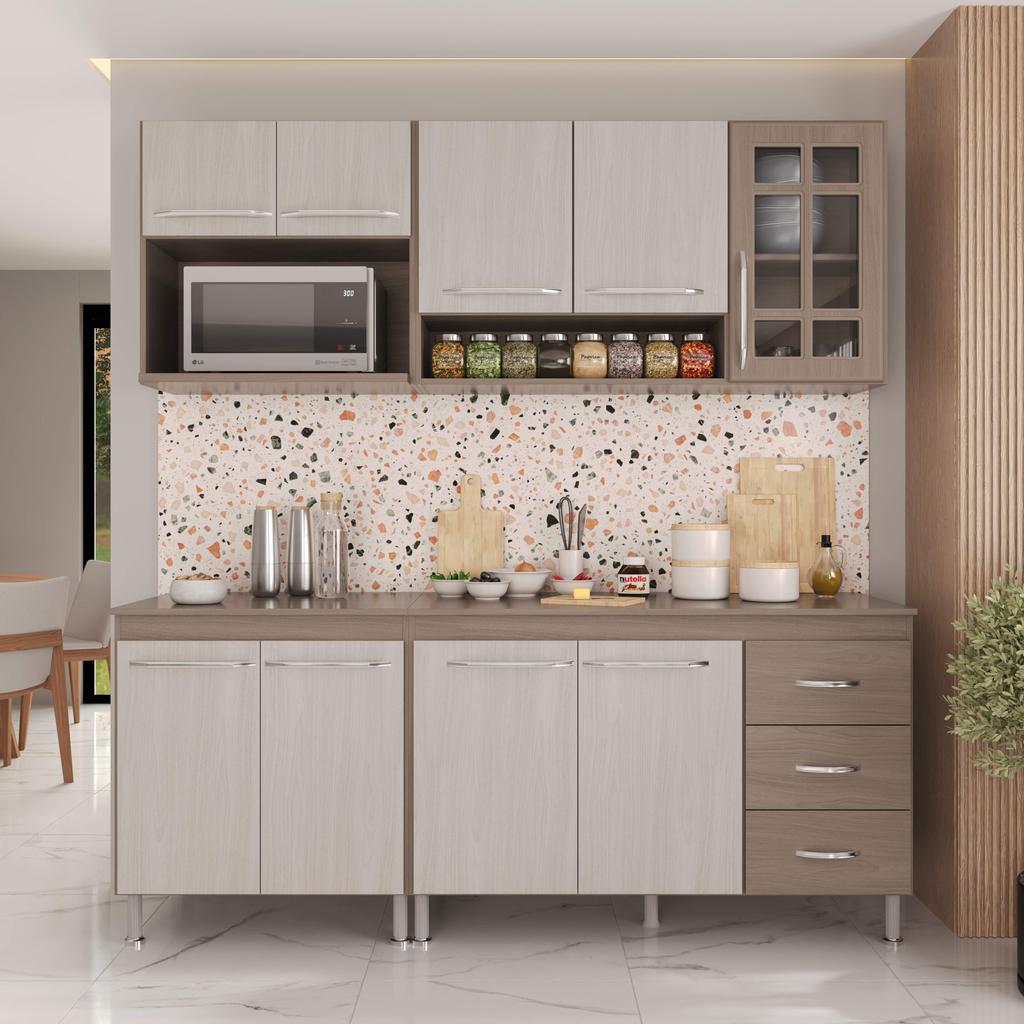 Cozinha Modulada Compacta Fidelitá Paris 4 Peças 190cm 9 Portas 3 Gavetas Com Tampo Nogal/Salinas em Oferta na Shopee