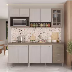 Cozinha Modulada Compacta Fidelitá Paris 4 Peças 190cm 9 Portas 3 Gavetas Com Tampo Nogal/Salinas