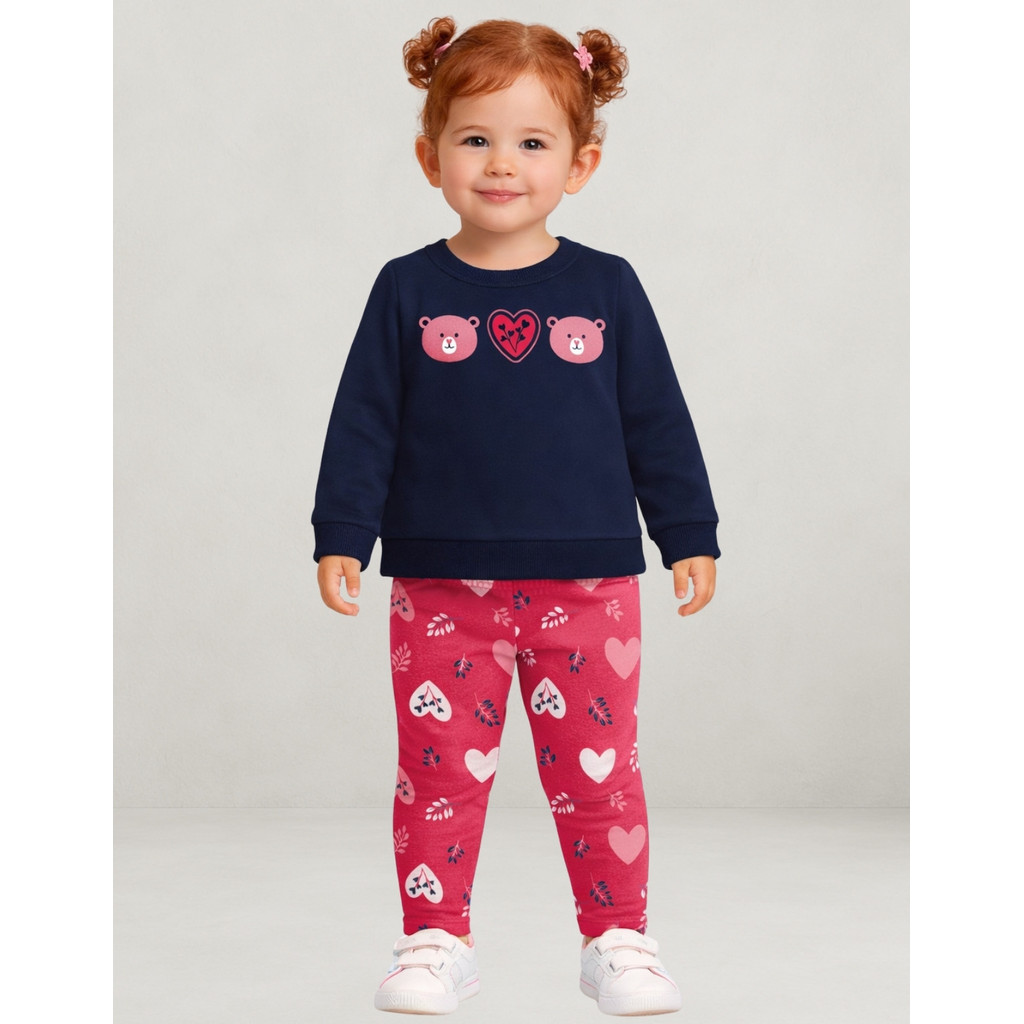 Conjunto Infantil Kyly Menina Blusa Moletom Peluciado Azul Marinho e Legging Estampada 1001517