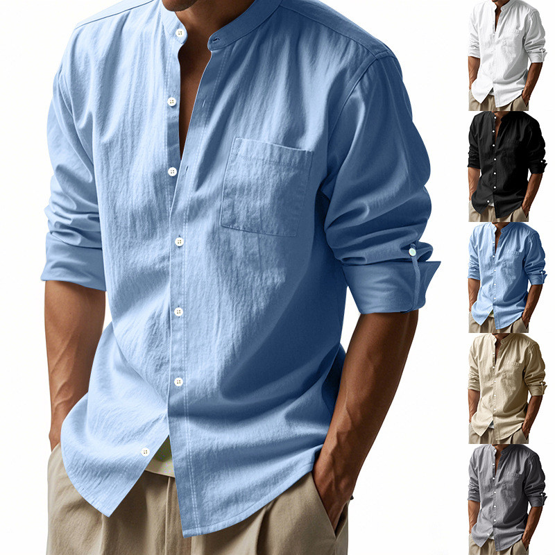 2026 Camisa Masculina Solta Casual Camisa de Linho Manga Comprida Gola Casual Camisa Masculina