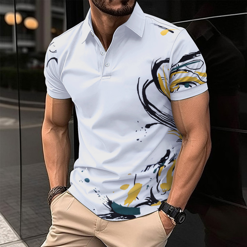 Camisa Polo Clássica Masculina de Manga Curta, Camisa Polo Listrada Casual de Verão, Camisa Polo Listrada Casual de Verã