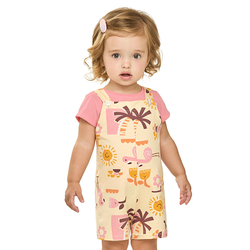 Conjunto Bebê Menina Tropical Com Jardineira Elian Rosa em Oferta na Shopee