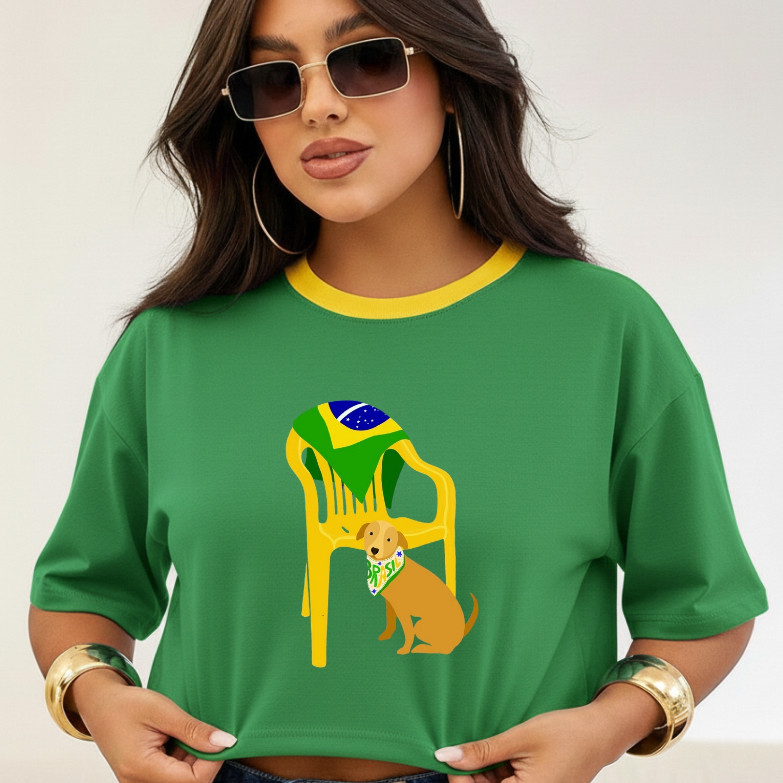 Cropped Brasil Feminino Camiseta Curta Seleção Brasileira Torcedora Estampa Futebol Algodão Premium Casual Copa