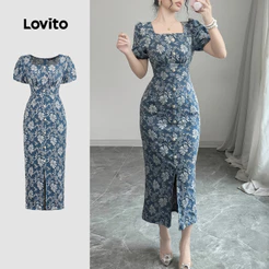 Lovito Elegante Vestido Francês Estilo Relaxado com Pérolas Primavera/verão Azul Slim Fit para Mulheres L150AD1621