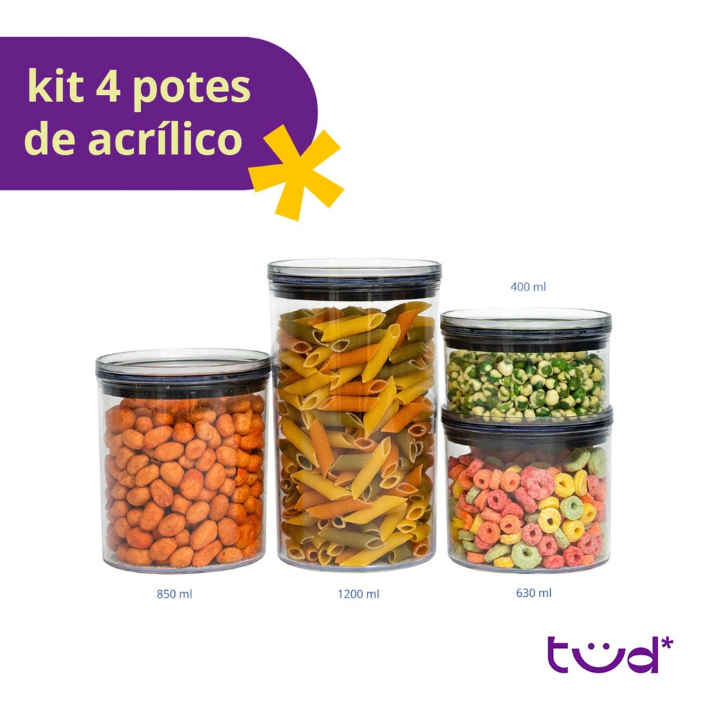 Kit 4 potes de acrílico com tampa herméticos redondos - Tüd — imagem 2 de 2