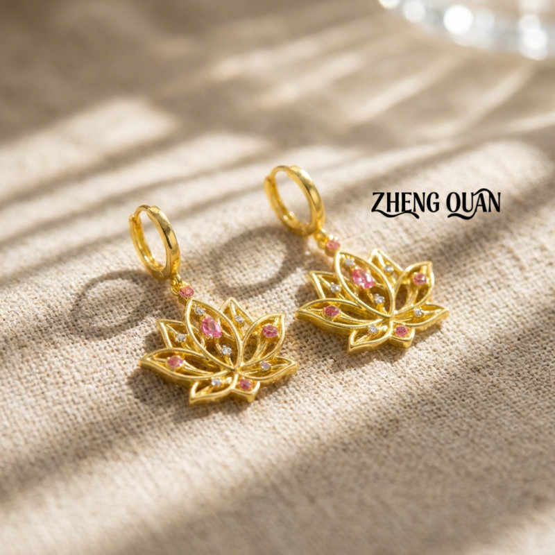 Brincos de Lótus Dourados com Safira Rosa e Flor de Cristal Pendentes, Joias Boêmias para Férias na Praia