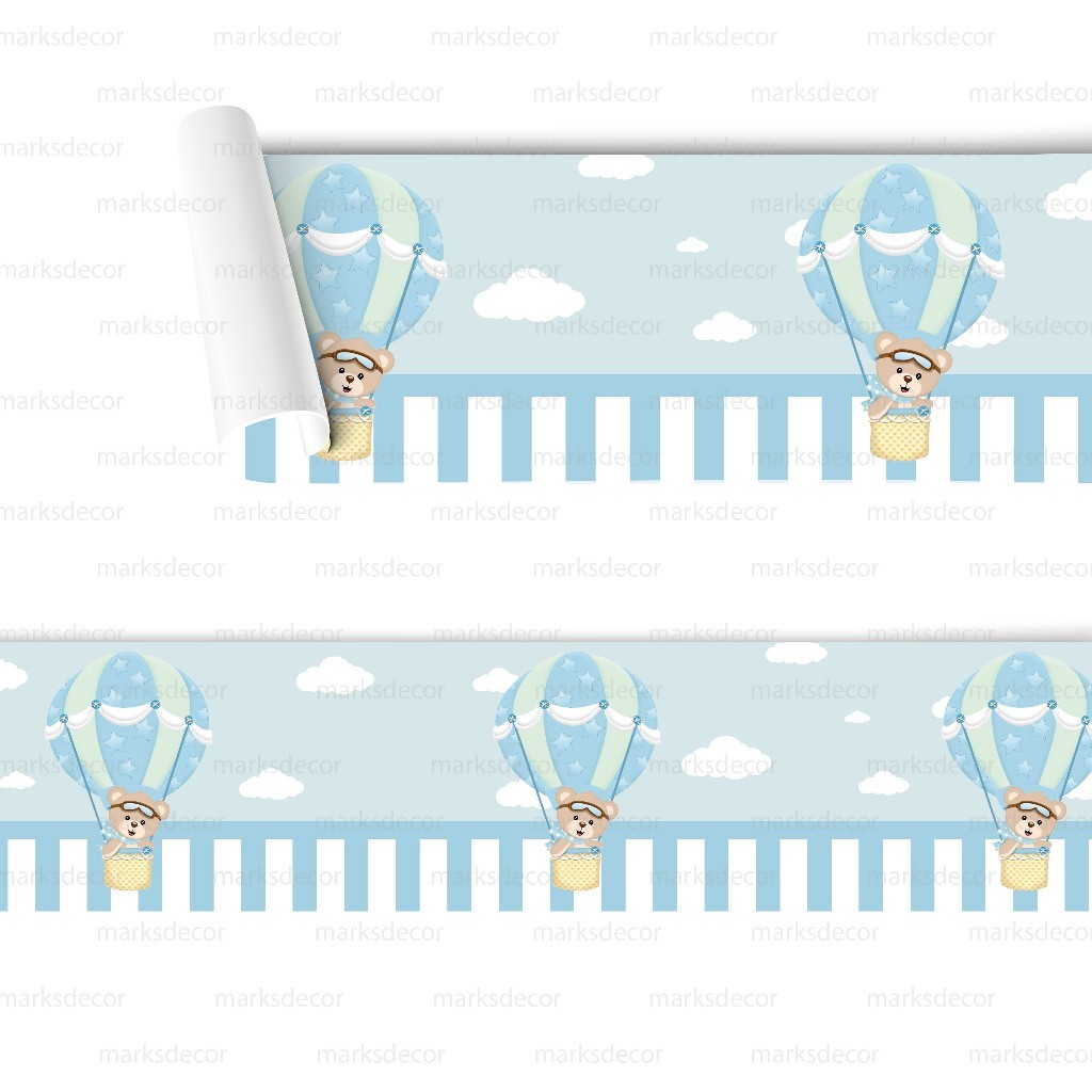 Faixa Adesivo de Parede Infantil Ursinho Baloeiro Papel De Parede Infantil Decoração Quarto Menino