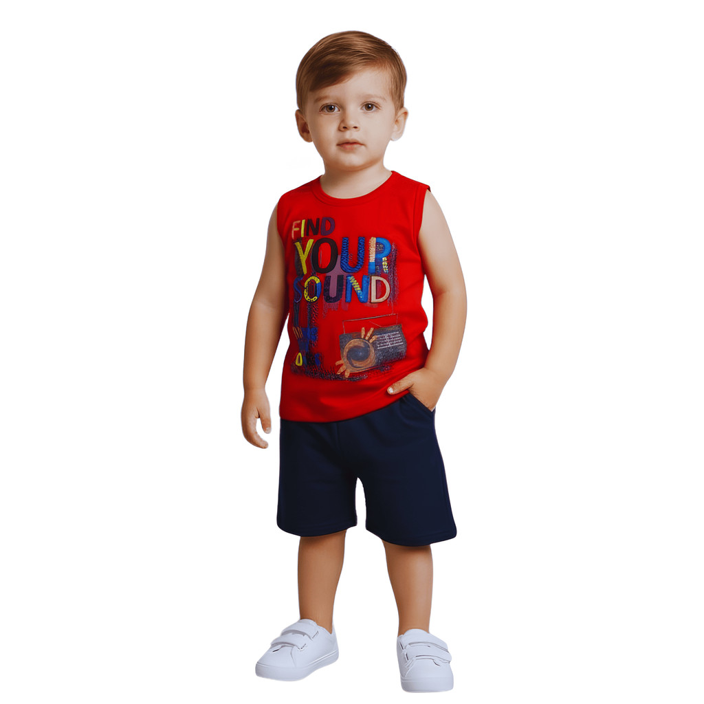Conjunto Menino Camiseta Regata Vermelha Com Bermuda Em Moletinho Com Bolso