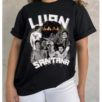 Camiseta Masculina Feminina Oversized Estampa Luan Santana Collage Monocromático Coroa Dourada Pó de Brilho T-shirt St