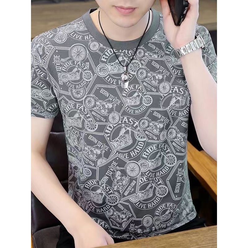 Moda masculina gelo seda topo verão novo estilo meia manga de manga curta camiseta impressa na moda masculina fina Casua