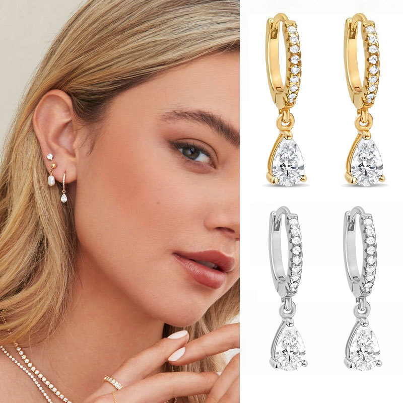 Argola Cravejada Zircônias + Pingente Gota Cristal, Folheado Ouro 18K Presente Namorada