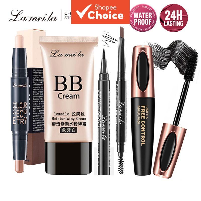  LAMEILA Conjunto de Maquiagem Facial 5 Peças – BB Cream, Bastão Contorno, Máscara, Sobrancelha e Delineador, Kit