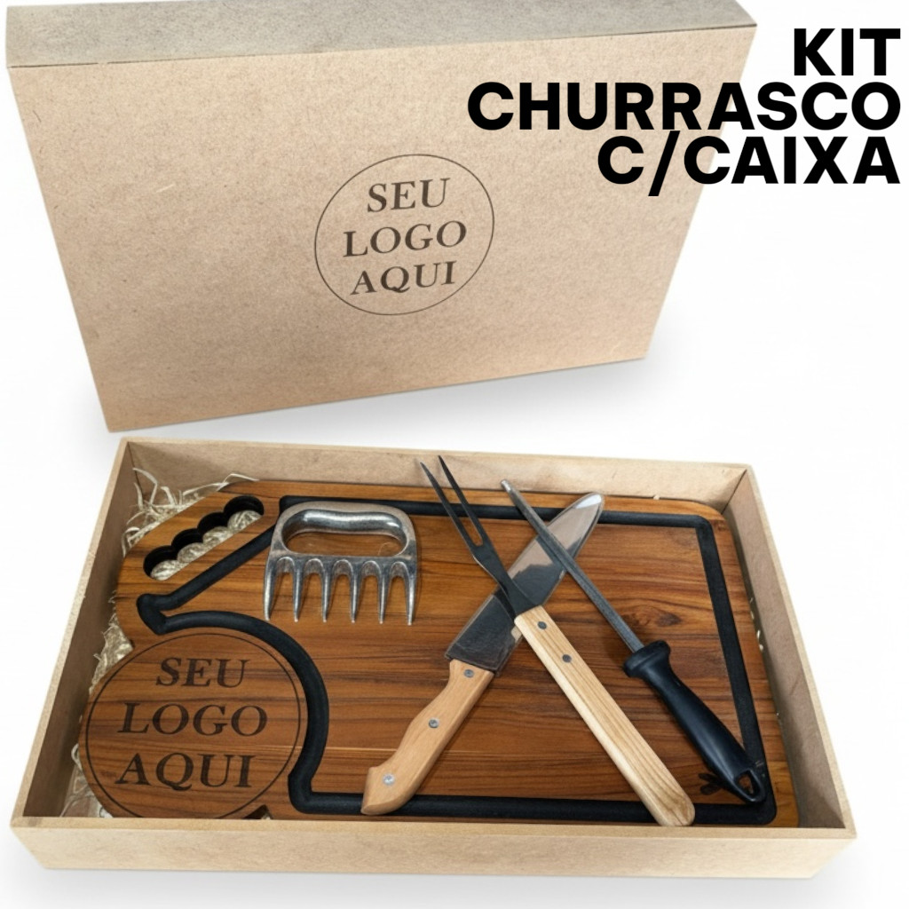 Kit Churrasco com Tábua Personalizada Faca Garfo Garra e Chaira Caixa a Estampa Lazer 6 Itens