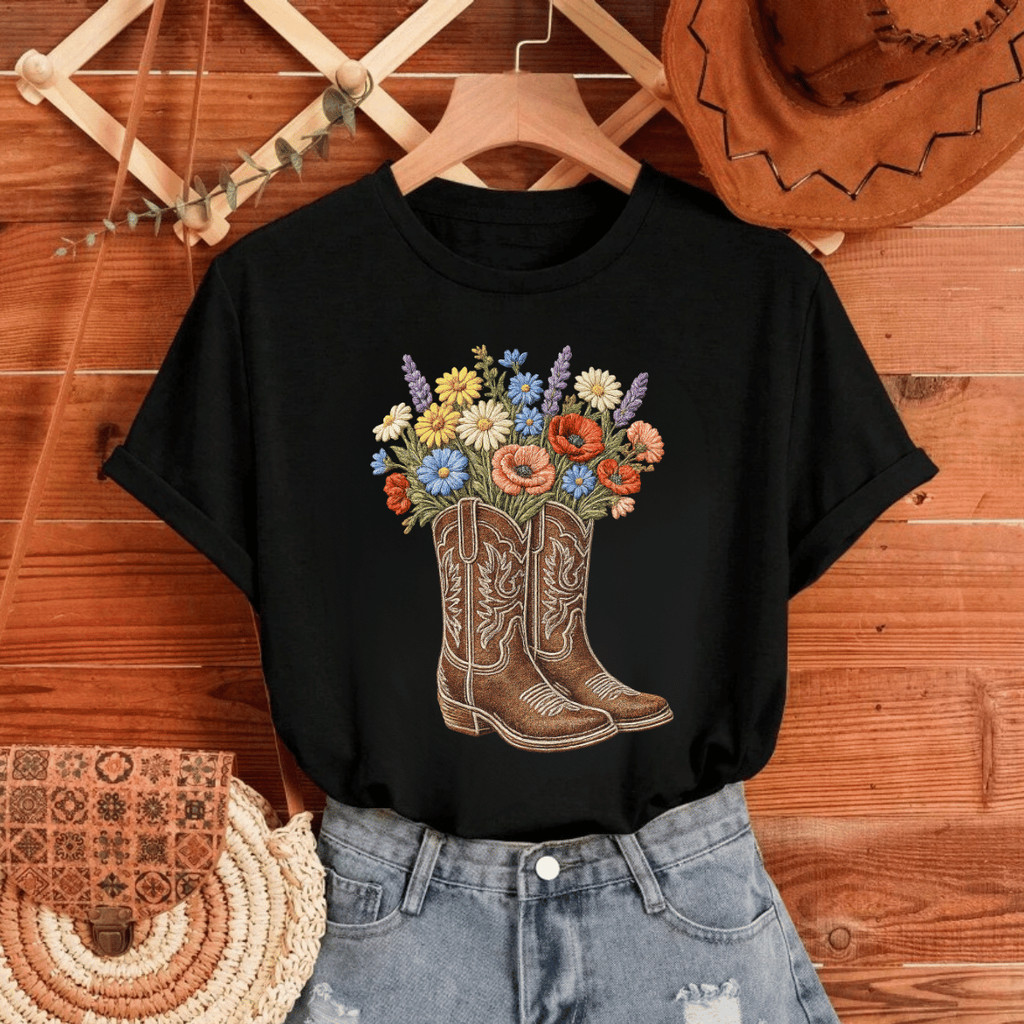 Camiseta Feminina 100% Algodão Estampada Bota e Flores T-shirt Country Estilosa