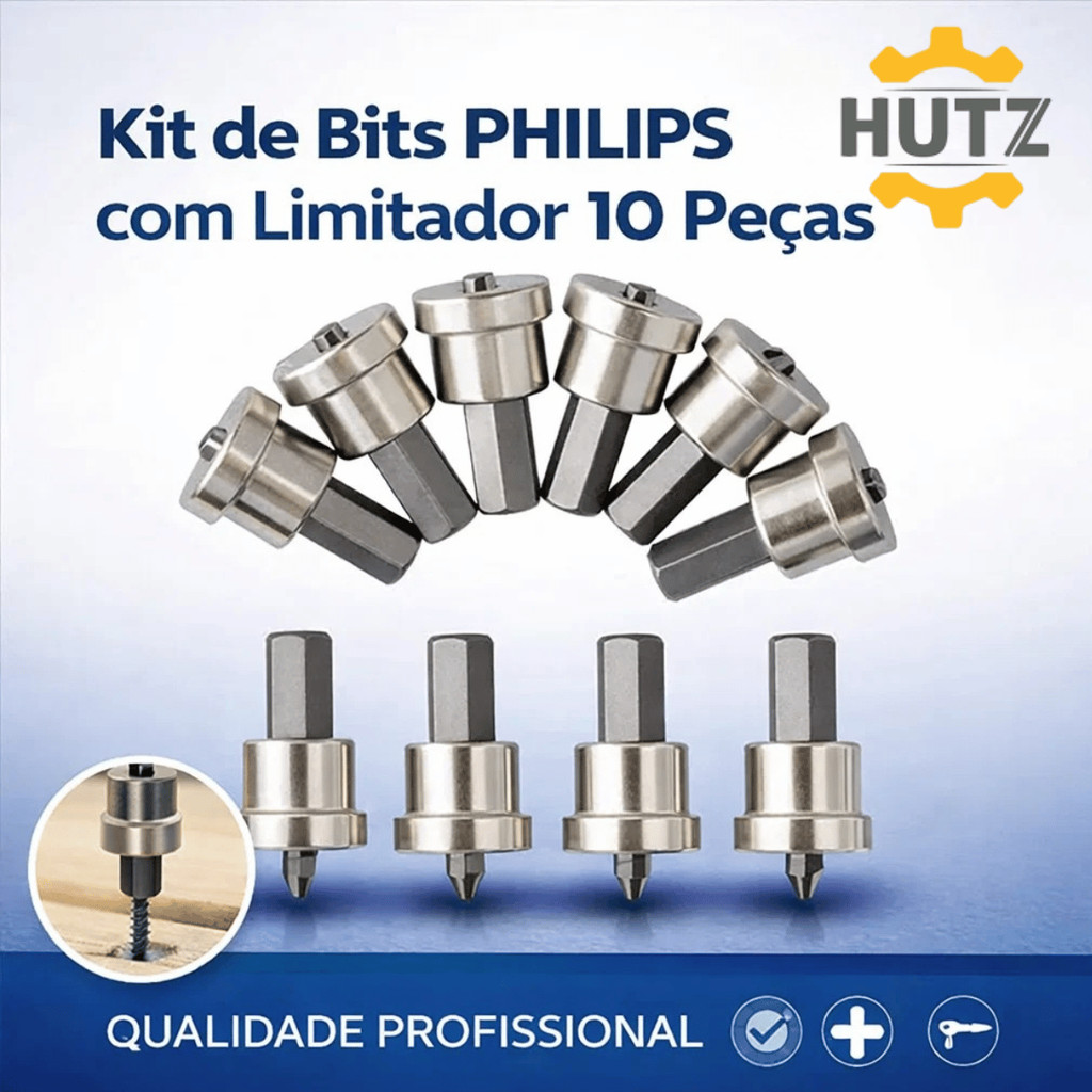 Kit Bits Philips com Limitador 10 Peças Aço - HUTZ / Parafusadeira Drywall Construção