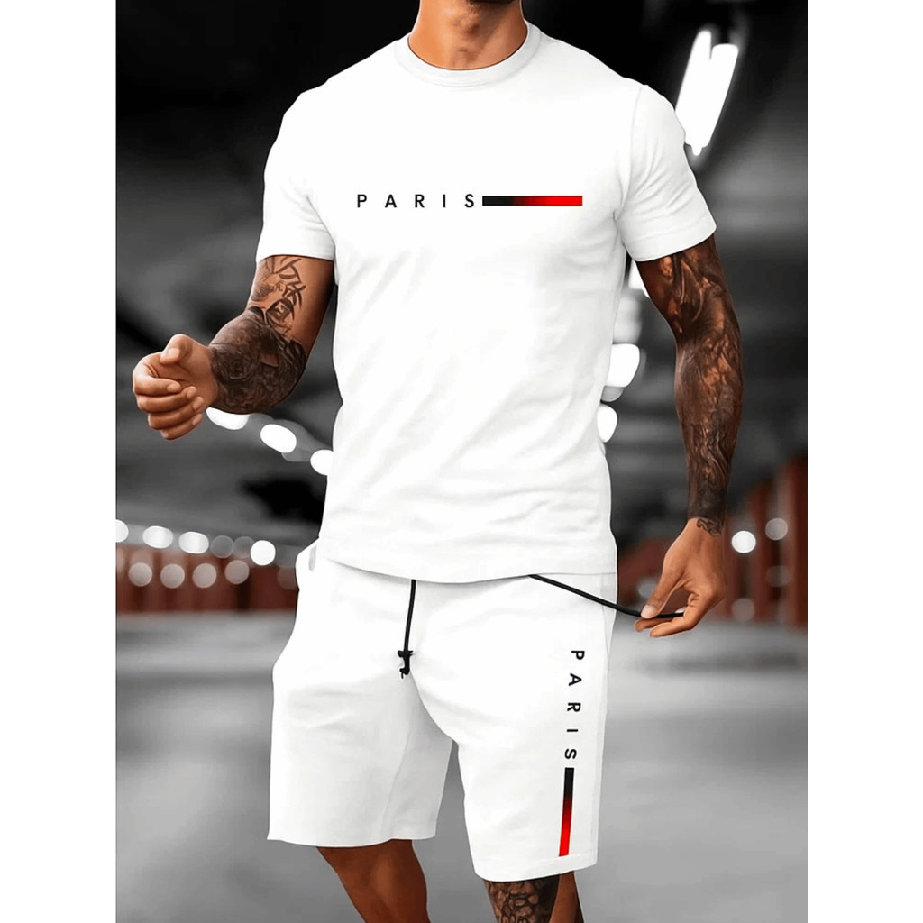 Conjunto Streetwear Masculino Camisa T-Shirt Paris Color + Bermuda Short mole Ultima Moda