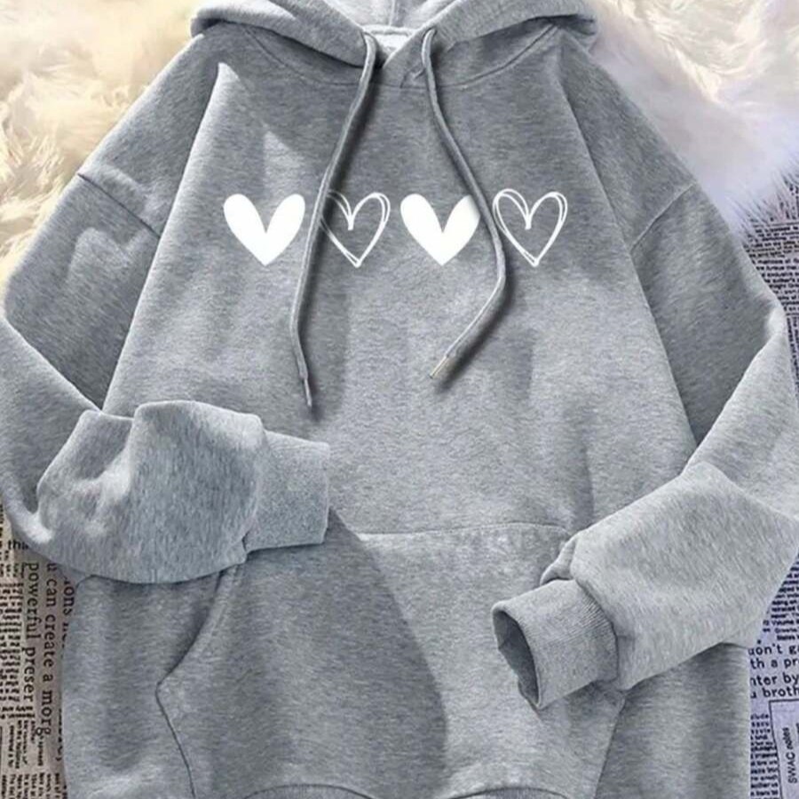 Moleton feminino com capuz flanelado cangurú confortavél desenho coração fofo casual