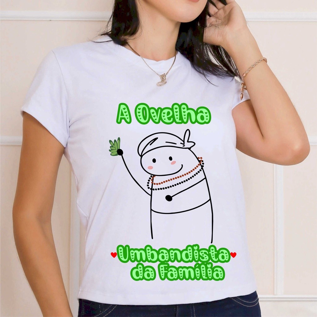 Camiseta Premium blusa branca estampada umbanda frase Ovelha umbandista da familia flork