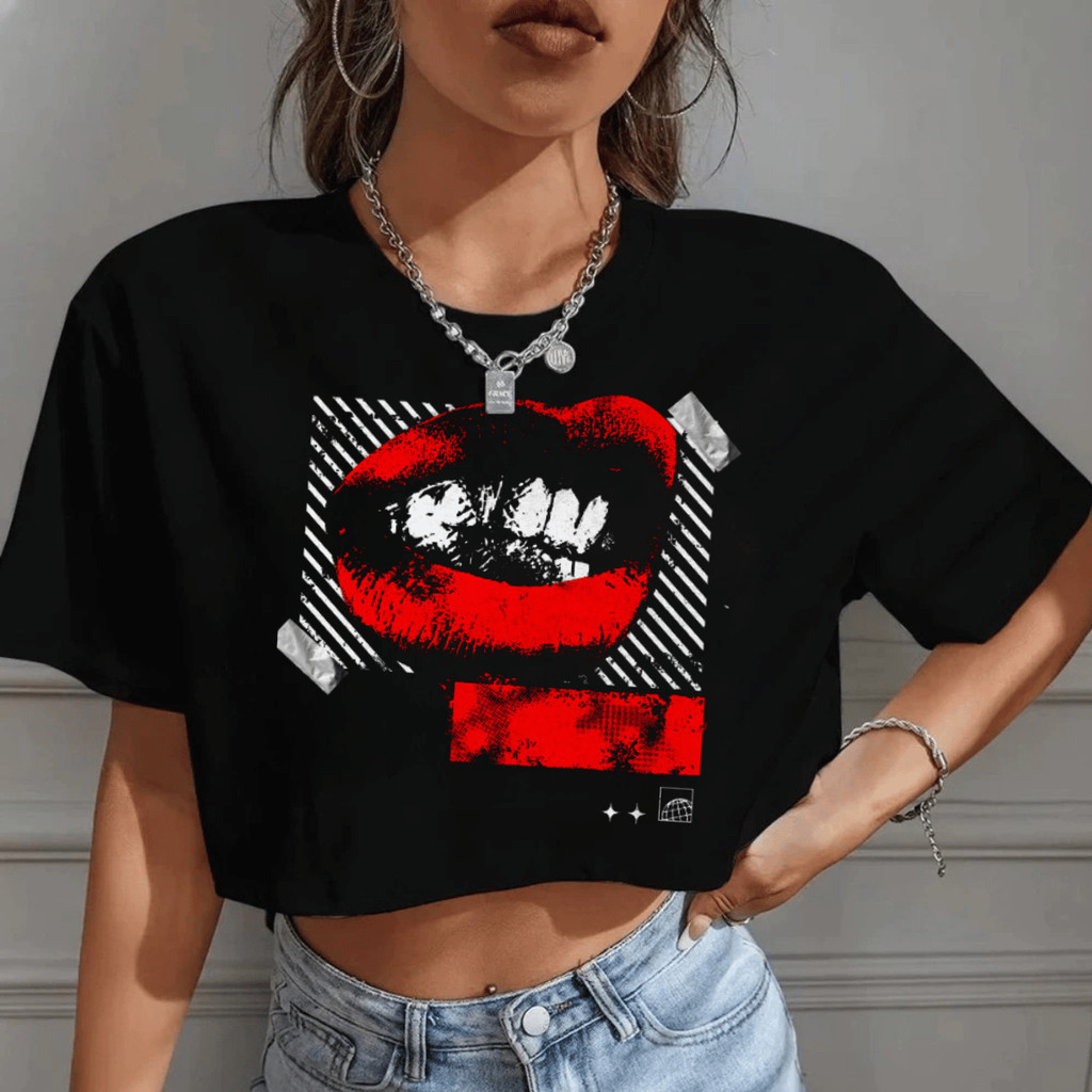 Cropped Oversized Estilo Streetwear Largo Feminino Confortável Estampa Boca 100% Algodão