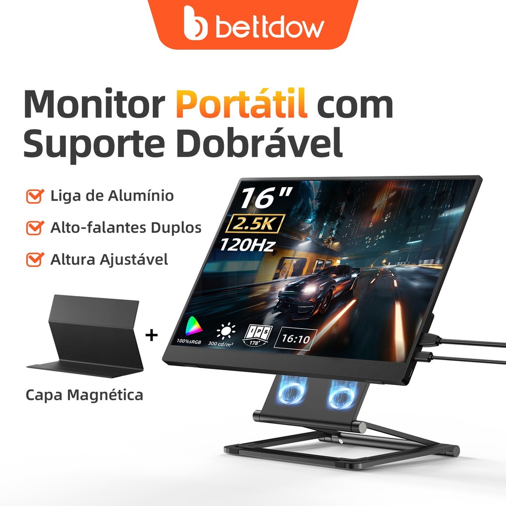 BETTODW Monitor Full HD 2.5K de 16 polegadas com suporte magnético ajustável, alta taxa de atualização e som imersivo. em Oferta na Shopee