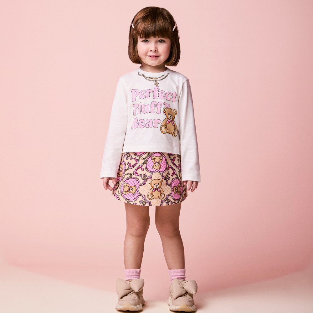 Conjunto Menina Momi Blusa em ALgodão e Shorts Saia Moletinho Estampada Ursinhos