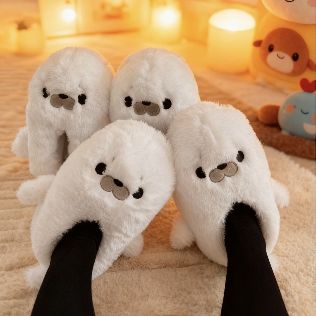 Pantufas de Algodão Quentes para Mulheres, Antiderrapantes, com Design de Foca de Pelúcia para o Inverno