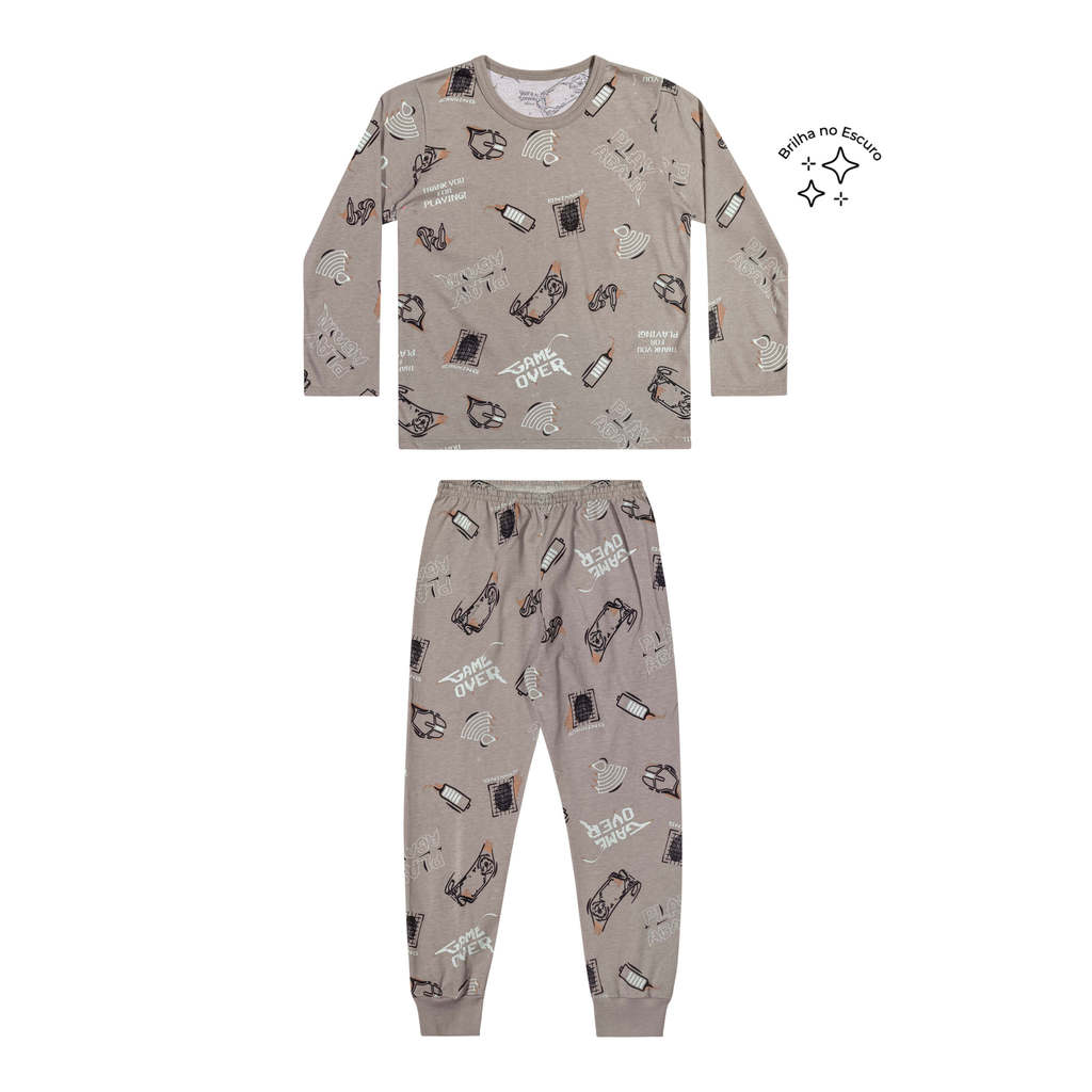 Pijama Longo Infantil Menino Gamer Elian Cinza em Oferta na Shopee