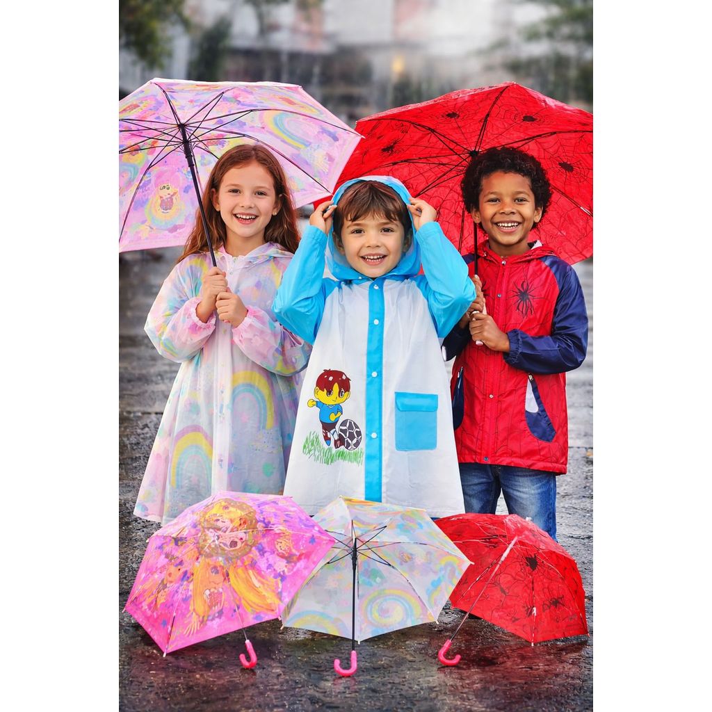 CAPA DE CHUVA INFANTIL + GUARDA-CHUVA AUTOMÁTICO COM APITO