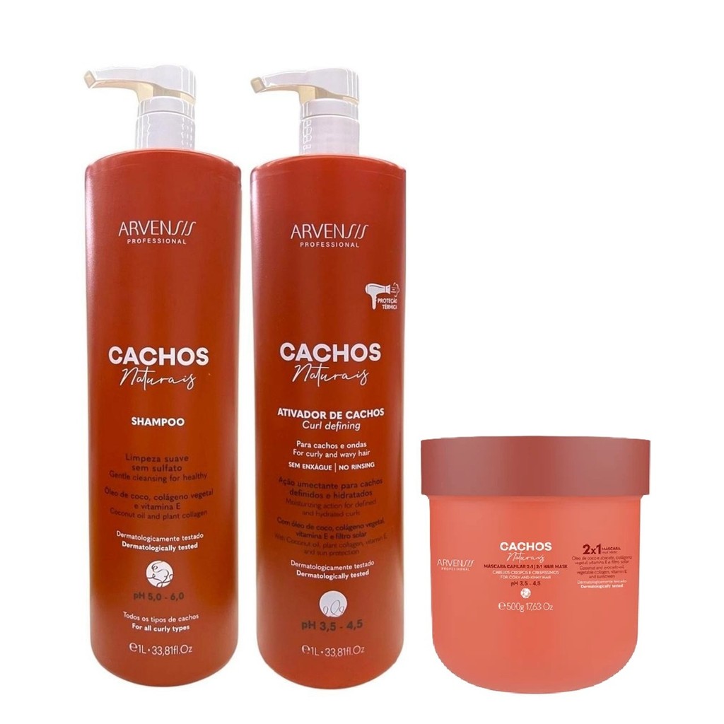 Kit Arvensis Cachos Naturais - Shampoo 1L + Ativador de Cachos 1L + Máscara Capilar 2x1 500g