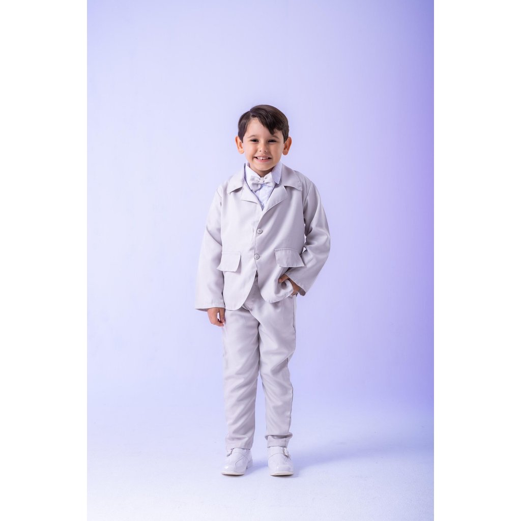Terno Infantil Masculino Cinza Completo Blazer Calça Camisa Social Gravata Borboleta Pajem Noivinho Batizado