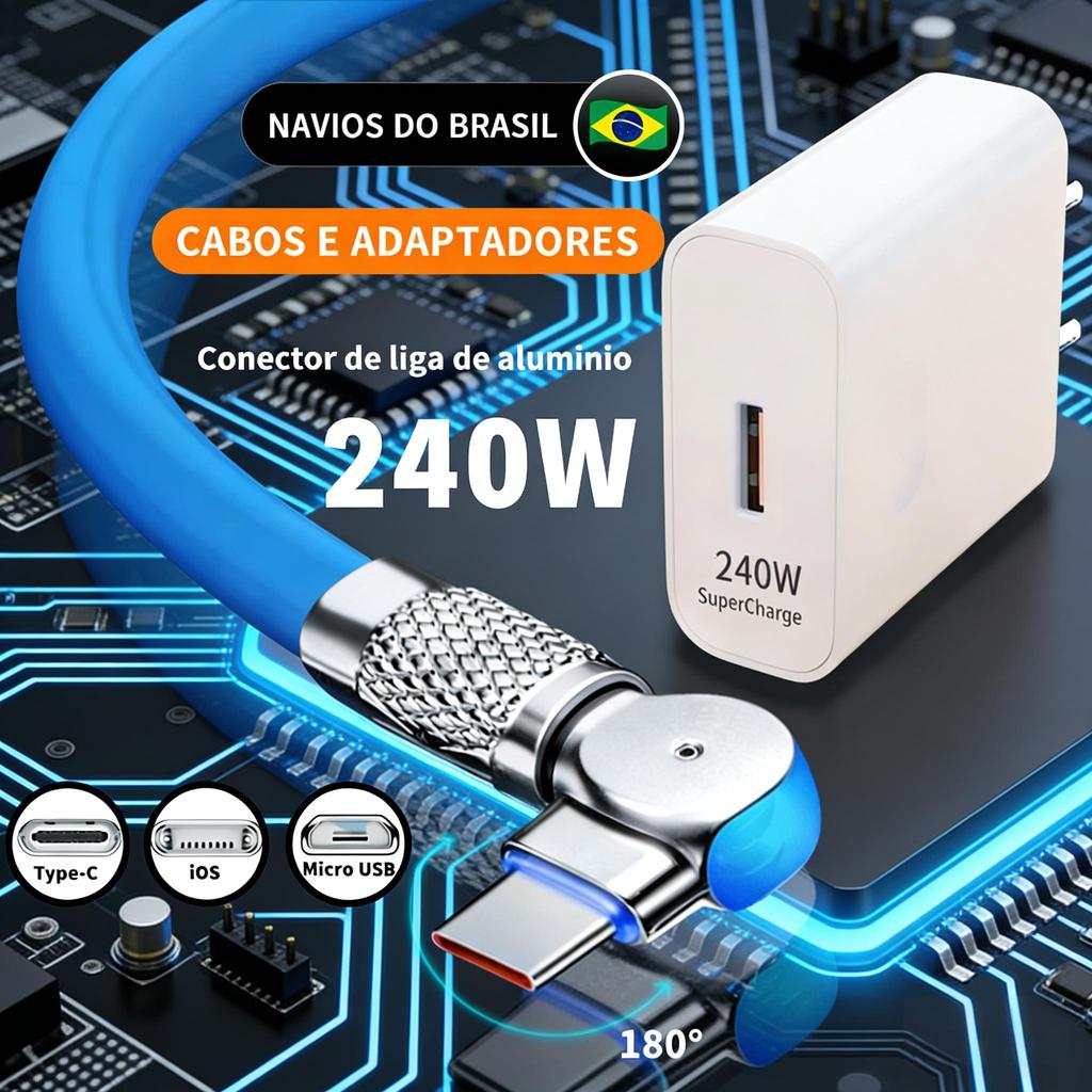 Carregador Super Rápido De 240 W Com 180 ° Cabo De Carregamento De Rotação Para iOS Type-C Micro USB 1.2M Cabos Giratóri em Oferta na Shopee
