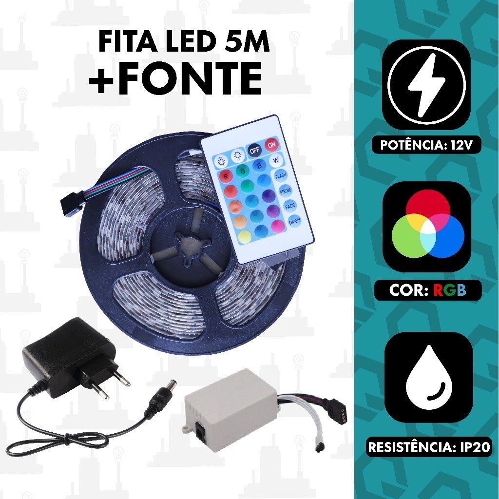 Fita LED 2835 RGB 5M 12V 300 LEDS 16 CORES IP20 Pronta Entrega Com Fonte e controle FABRICA UM