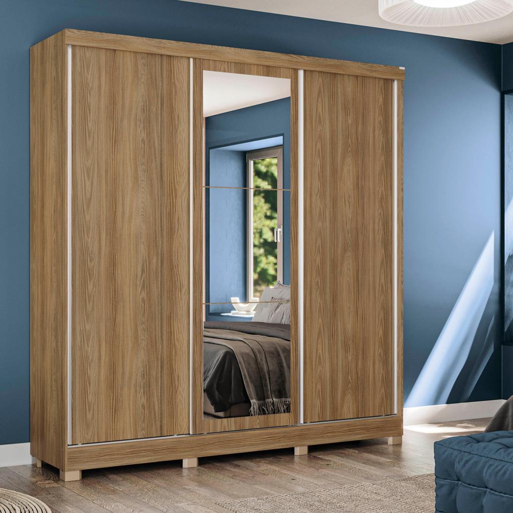 Guarda-Roupa Casal Kappesberg 3 Portas Reversíveis de Correr 3 Espelhos 2 Gavetas Nogueira