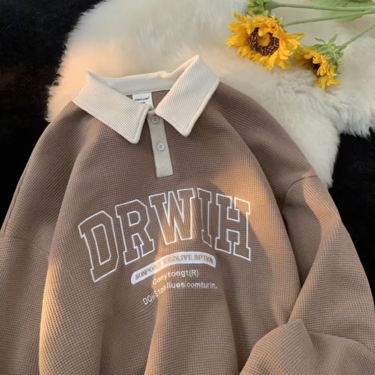 Waffle Manga Comprida Estilo Polo Pulôver Masculino Outono Lapela Cor Combinando Carta Bordado Moletom Casual