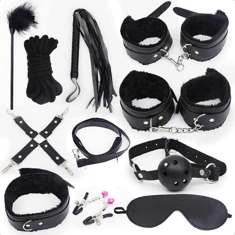 KIT Fetiche Bondage Bdsm 10 Pçs Couro Dominação Submissão Sado Mordaça Algema Chicote Coleira