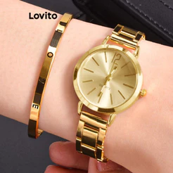 Lovito Elegante Relógio Feminino de Quartzo Simples Levemente Luxuoso Sensação de Luxo para Deslocamento LFA12595