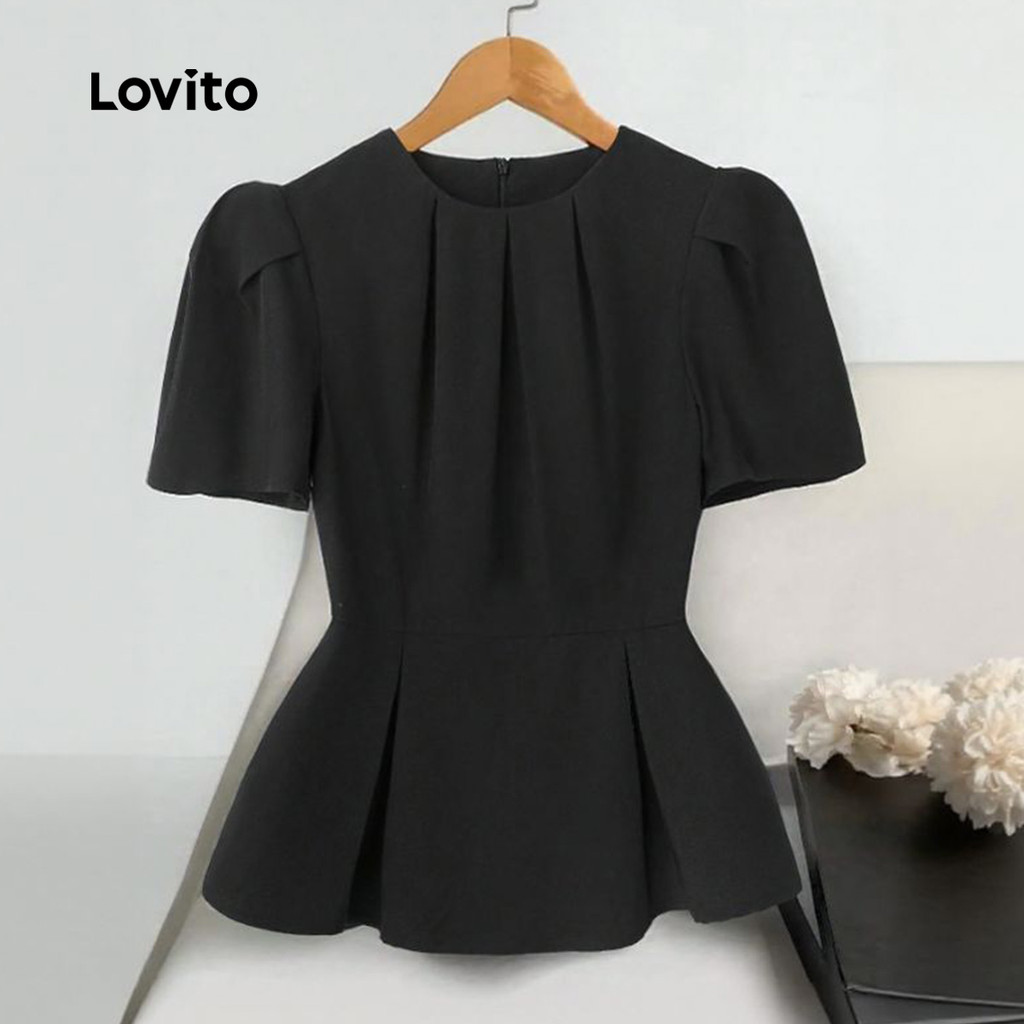 Lovito Blusa Casual Plissada Primavera/verão Preta Blusa para Mulheres LK2ED110 em Oferta na Shopee