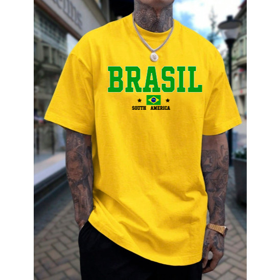 Camiseta Masculina Brasil 2026 Manga Curta com Gola Redonda e Estampa da Bandeira do Brasil Casual