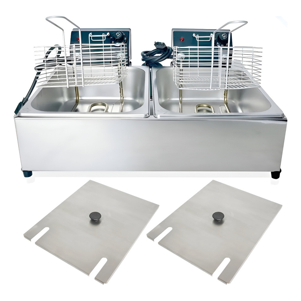 Fritadeira Elétrica 2 Cubas 10 Litros C/termos + Tampa Inox