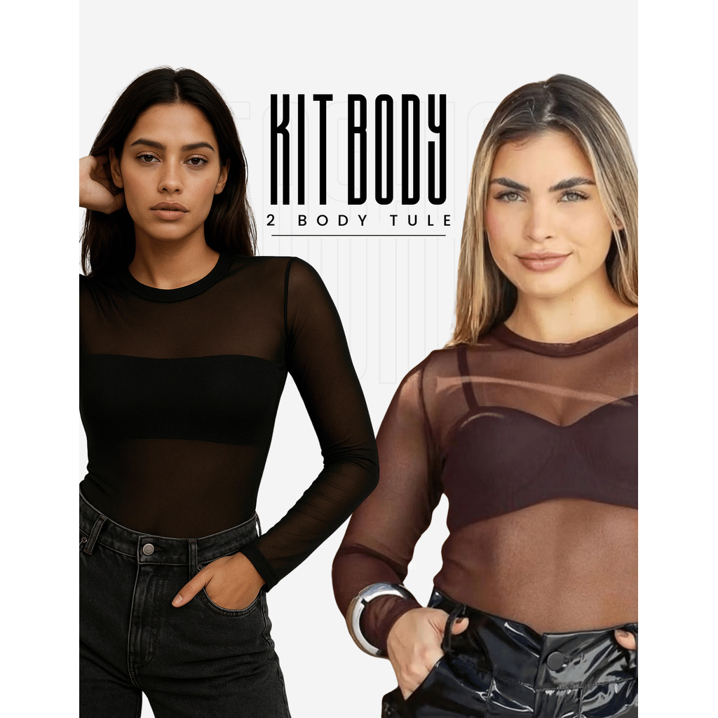 Kit 2 Body Feminino Tule Manga Longa Premium Festa Balada Sexy Blusa Feminina em Oferta na Shopee