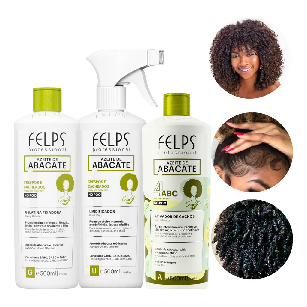Kit Ativador de Cachos+Gelatina Fixadora+Umidificador Antifrizz Felps Azeite de Abacate 2A à 4C