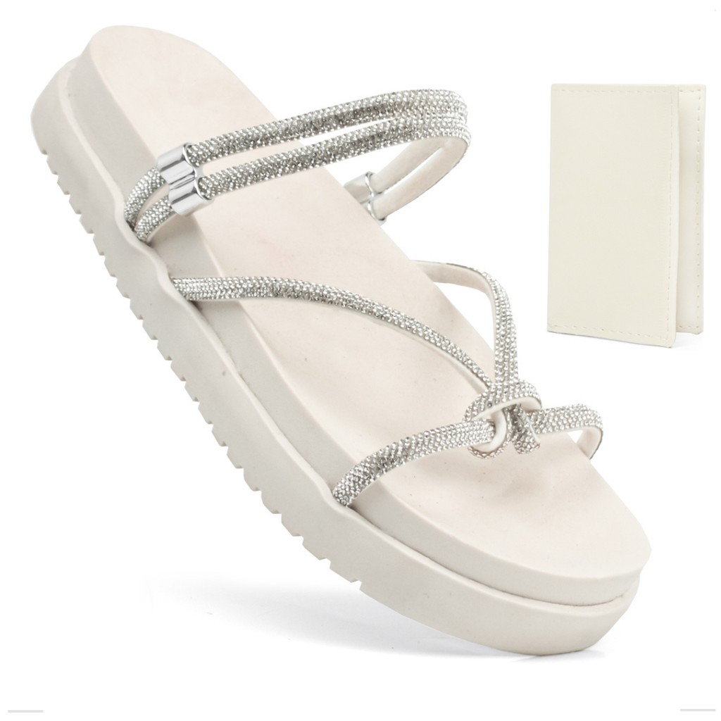 Sandalia Papete Birken Strass Brilho Branca Feminina Flat Regulagem Lançamento Tendência Moda Conforto + Porta Cartão