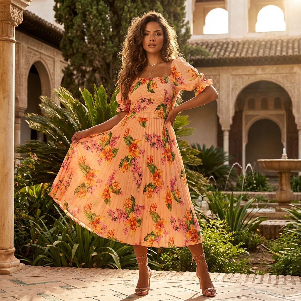 Vestido Midi Feminino Estampado Elegante Soltinho Festa Manga Ajustável