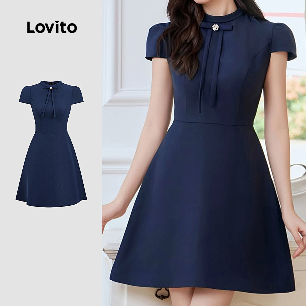 Lovito  Vestido Azul Marinho Feminino Simples e Elegante com Laço Na Frente para Primavera/Verão L172ED444 em Oferta na Shopee