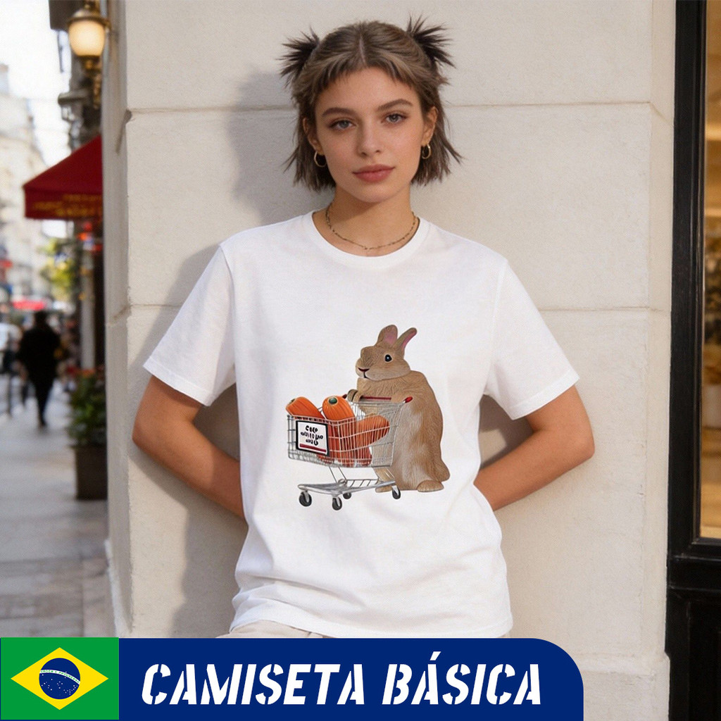 🐰 Camiseta de Algodão Casual Coelhinho com Carrinho de Compras