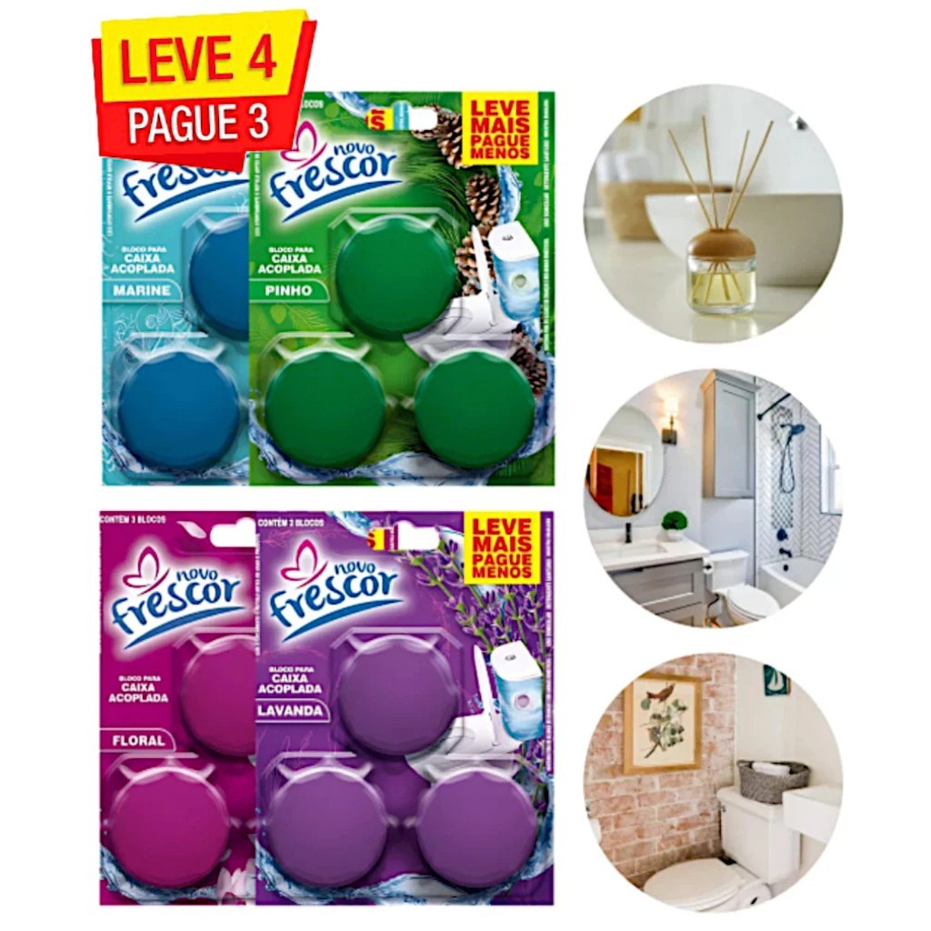 Conjunto com 12 Ou 3 Blocos Para Caixa Acoplada 45g Novo Frescor Tablete Pastilha Sanitário Ou 3 Blocos