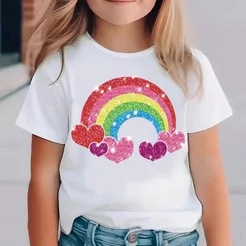 Camiseta Infantil 100% Algodão de Manga Curta com Estampa de Estampa Coração Arco-Íris Adequado Para Menina